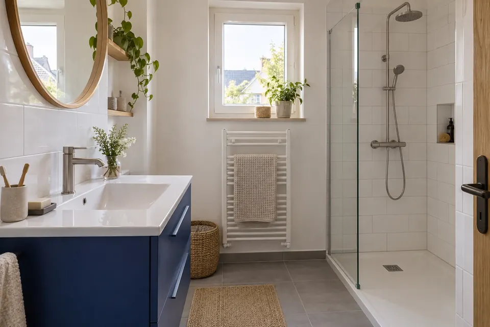 Salle de bain avec douche vitrée et carrelage blanc