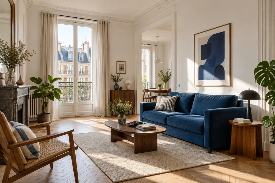 Salon aux murs blancs et moulures